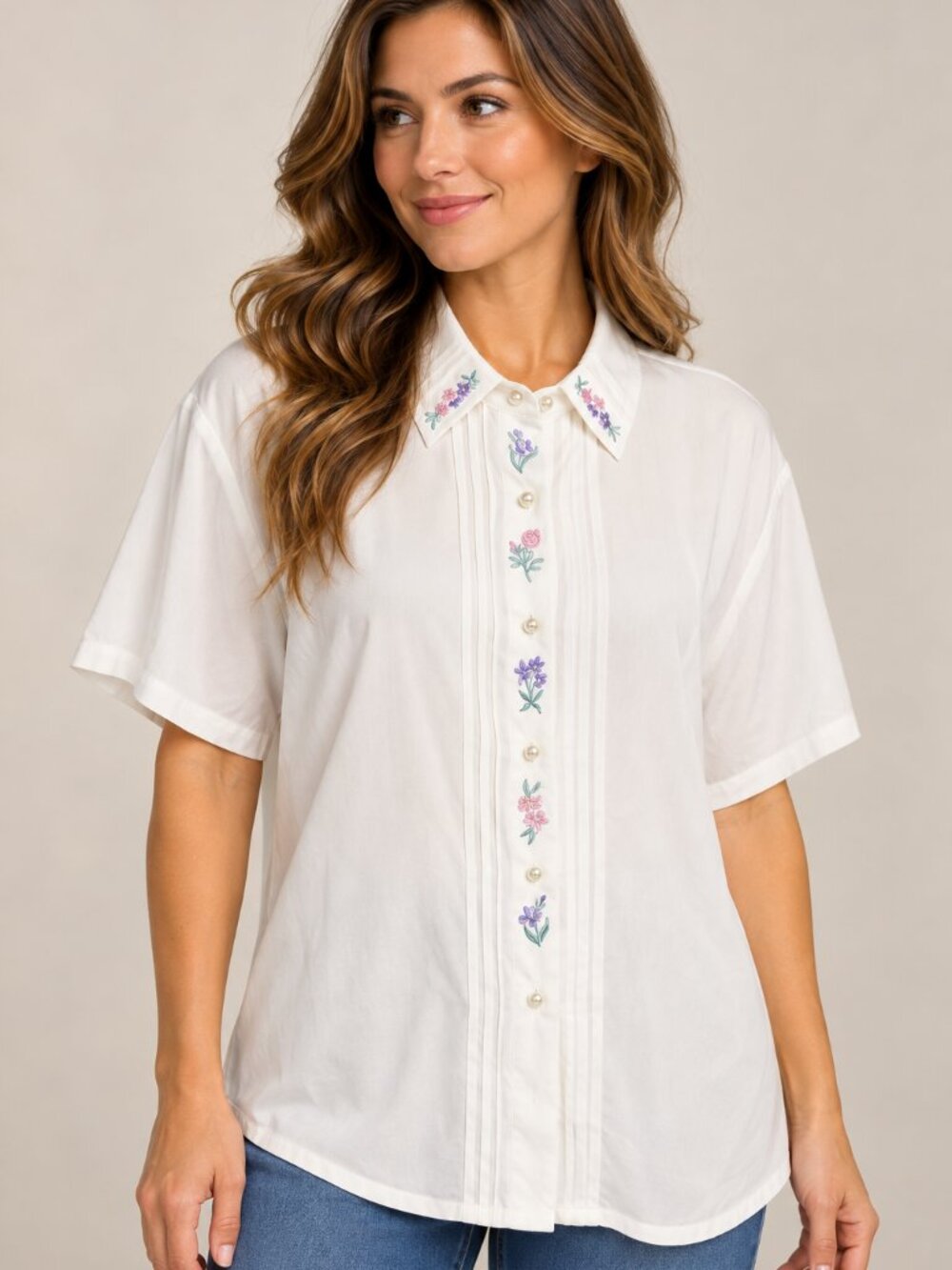 Koret 18 White Floral Embroidered Pearl Button Blouse Cottagecore